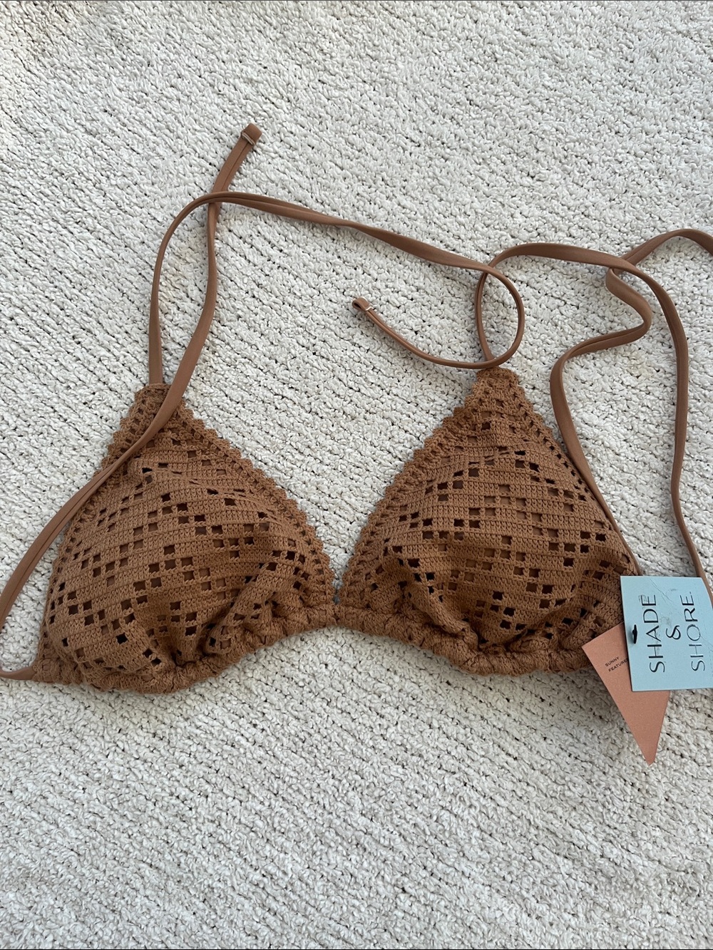 Shade & Shore Crochet Triangle Bikini Top in Brown